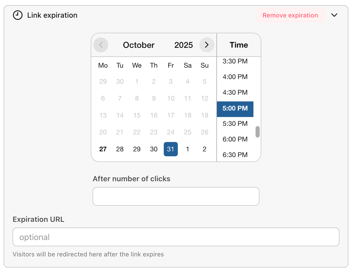Edit link expiration Expiration